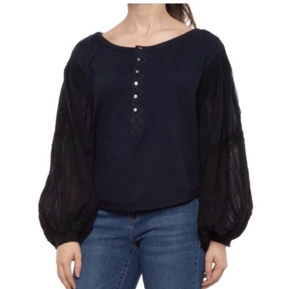 Free People Black Blouse with Sheer Sleeves